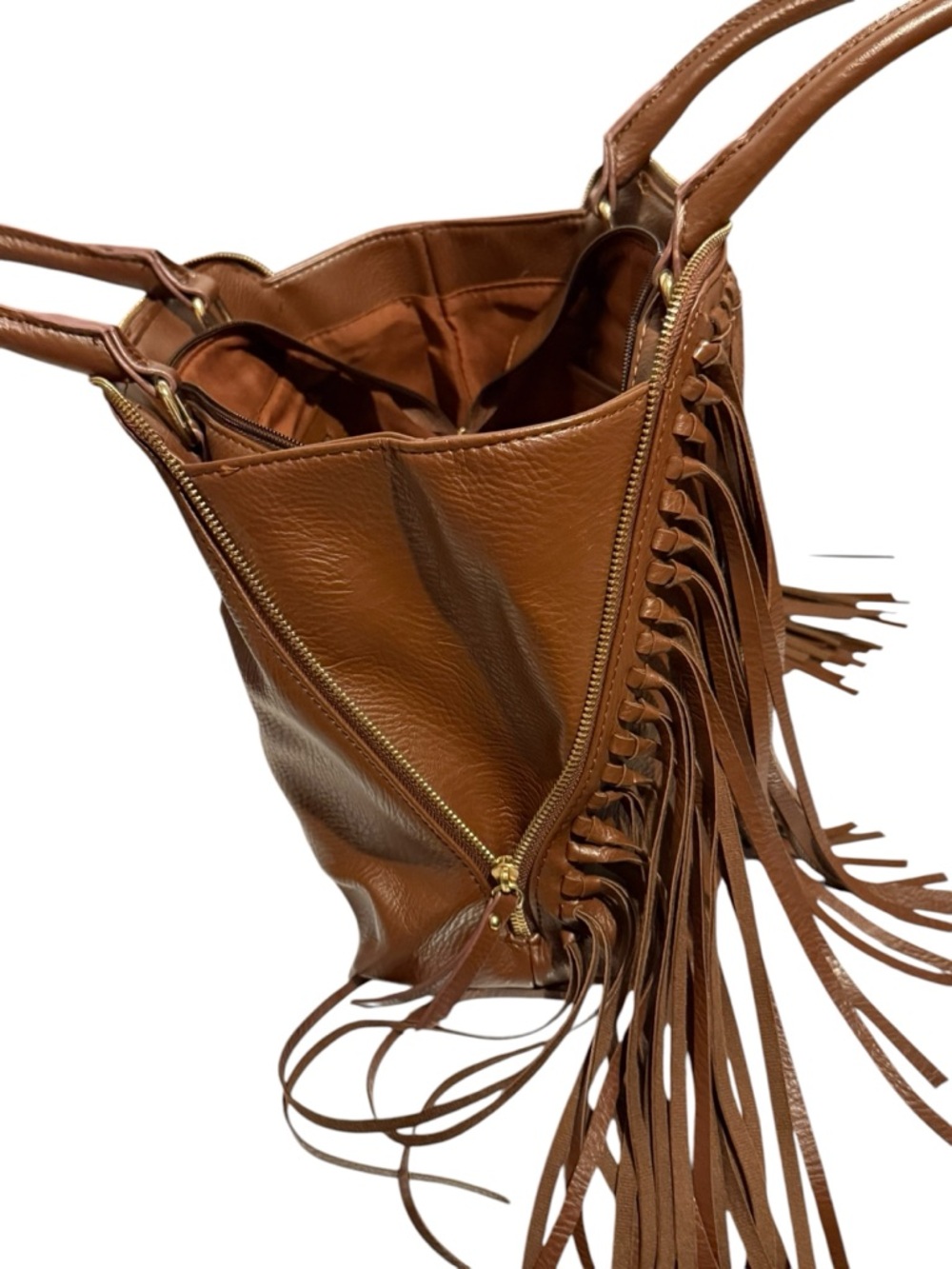 Fringed Brown Side Zip Leather Shoulder Bag - Picture 3 of 10